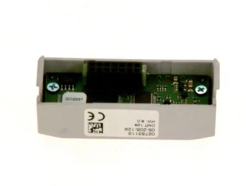 Bosch Steckmodul in einem grauen Gehäuse, ausgestattet mit einer Leiterplatte und mehreren elektronischen Bauteilen. Sichtbare Anschlussklemmen und Schrauben.